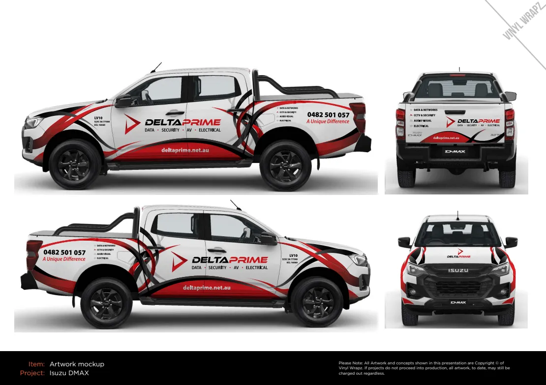 Photorealistic Vinyl Wrapz artwork mock-up showing a branded ute from four angles on the proof template