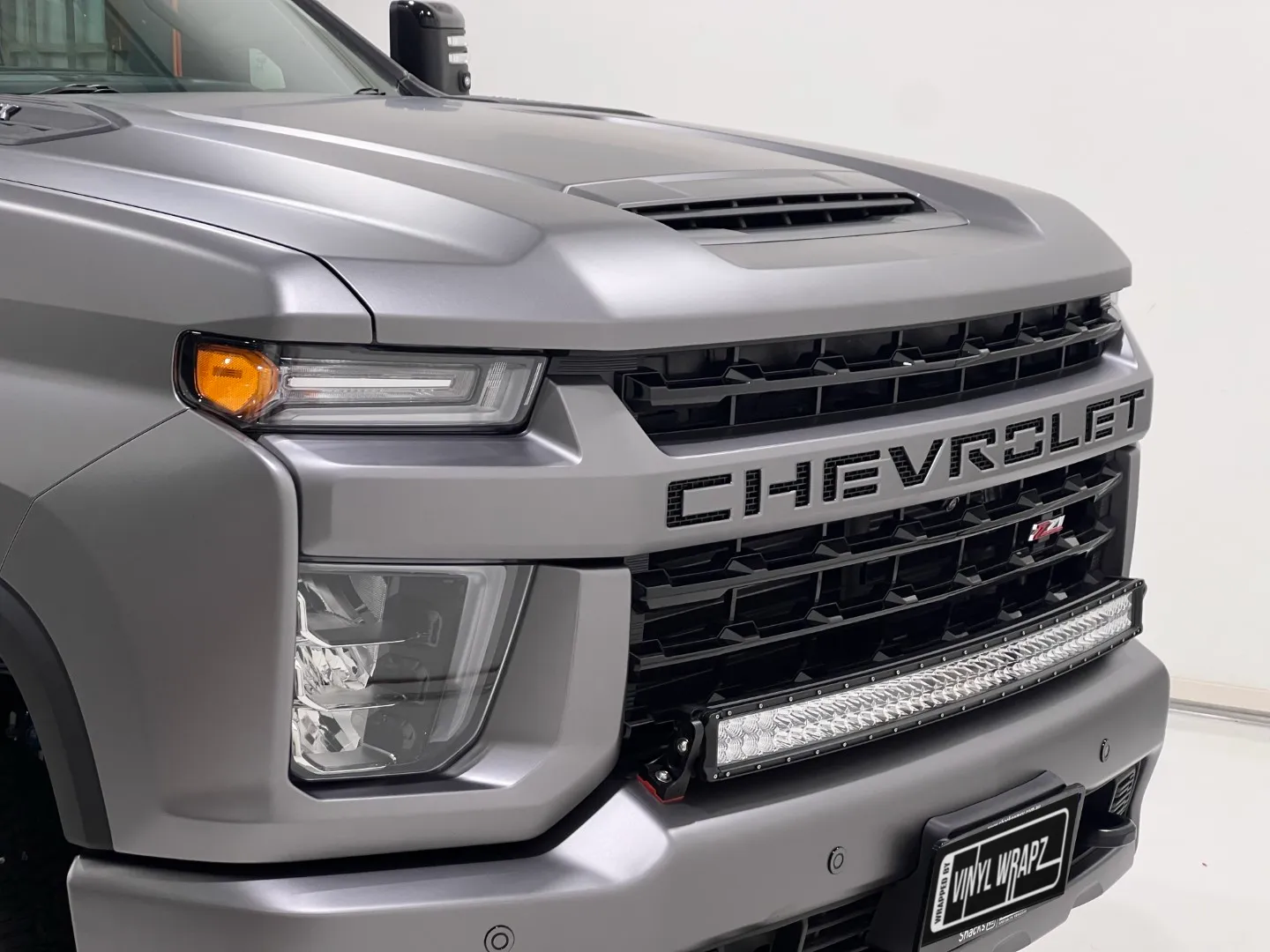 Chevrolet Silverado matte wrap, grille and headlight edge detail