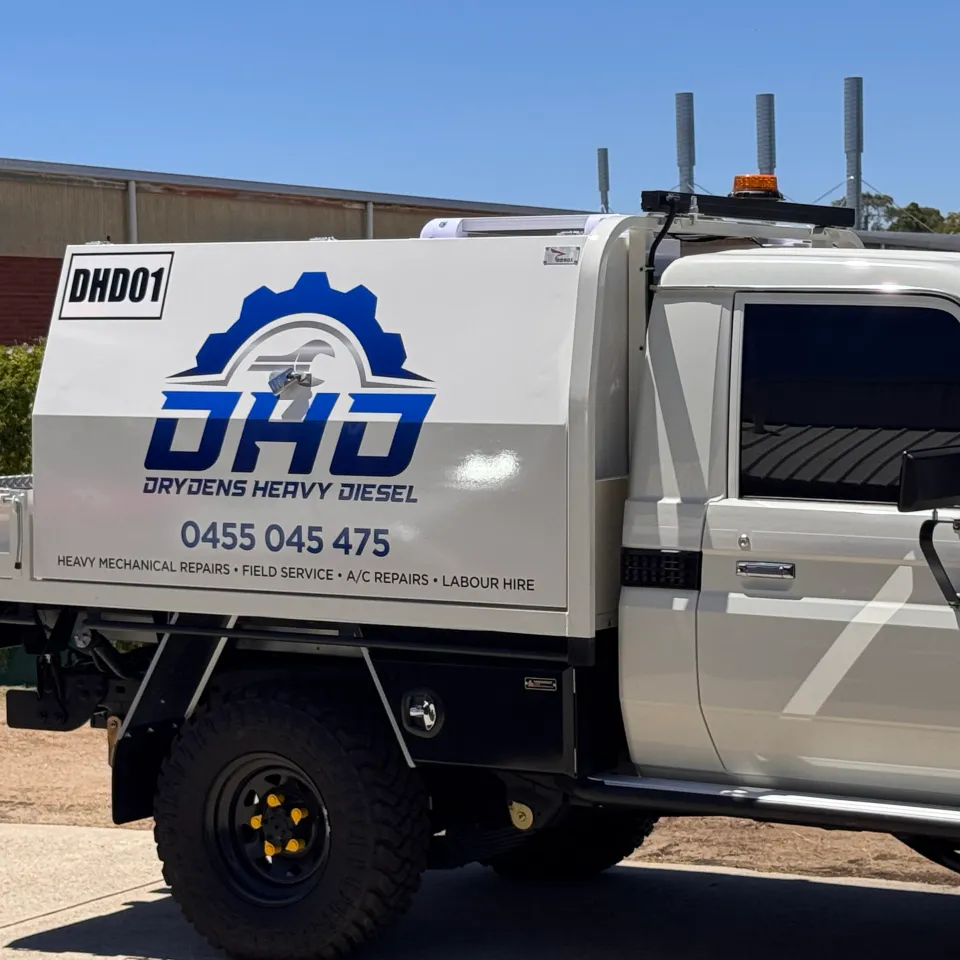 Drydens Heavy Diesel logo and contact lettering on the LandCruiser toolbox side