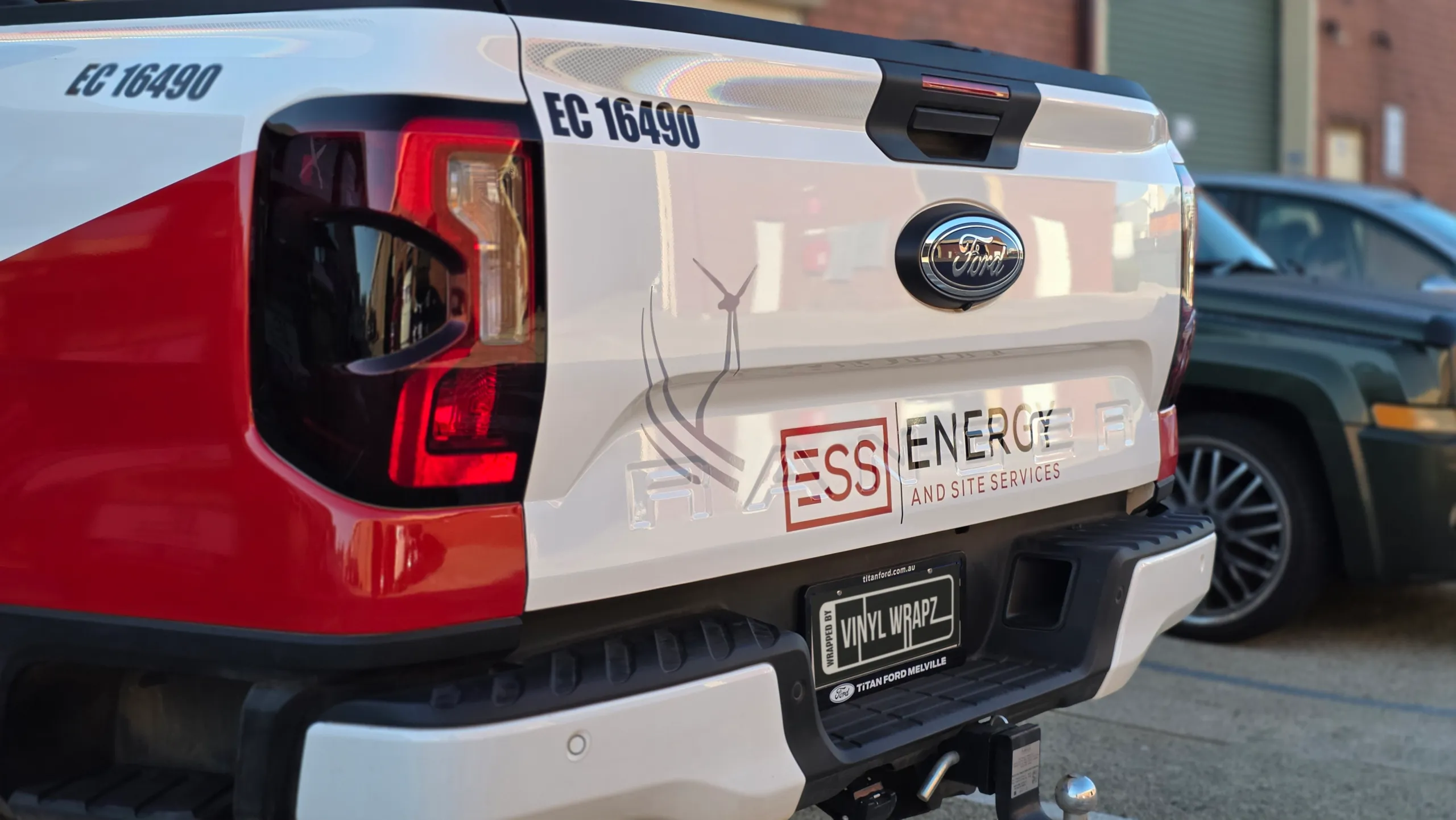 Wind-turbine artwork across the ESS Ford Ranger tailgate