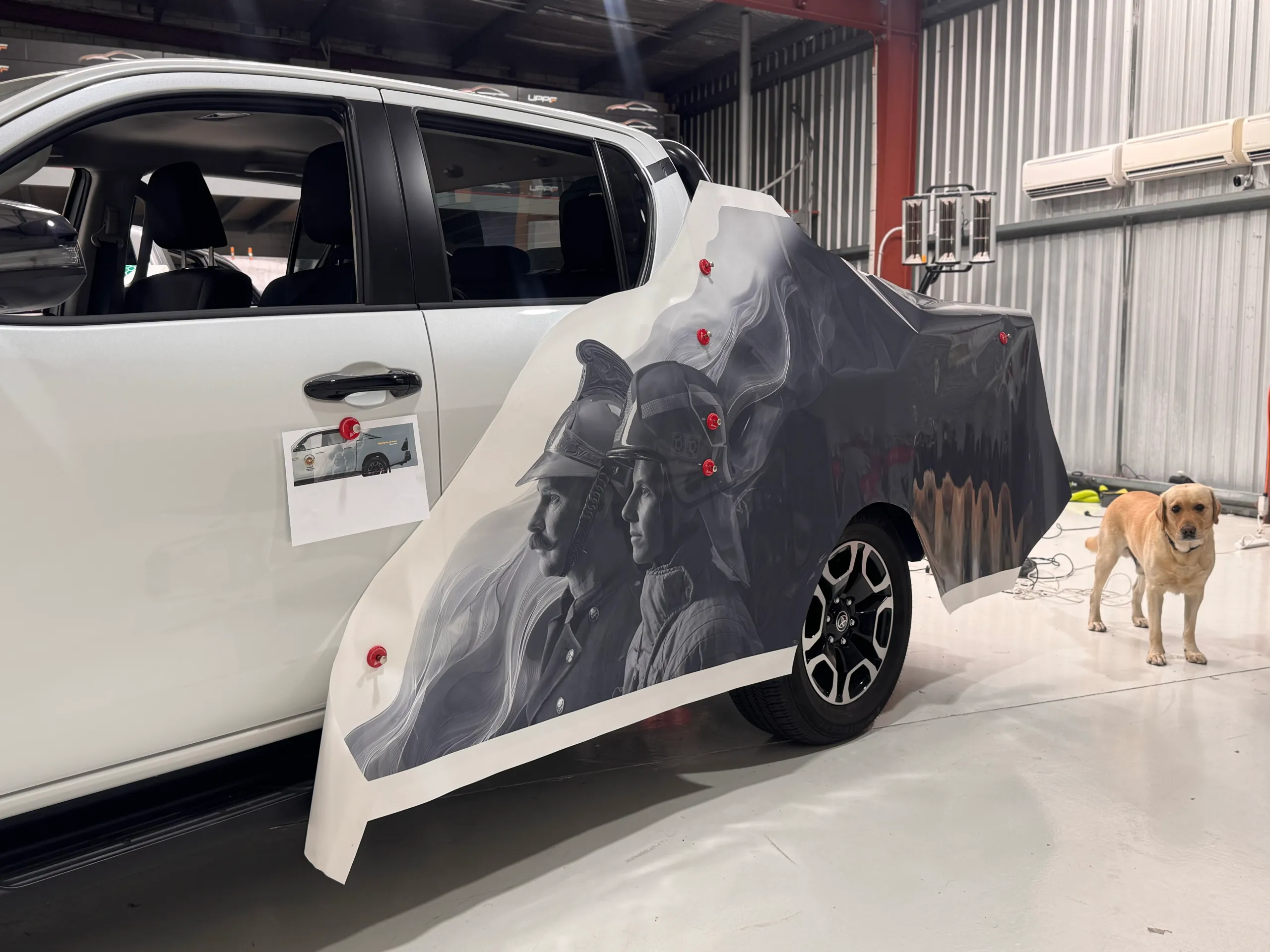 Firefighter artwork positioned on a white Toyota Hilux with loose film across the doors and tray