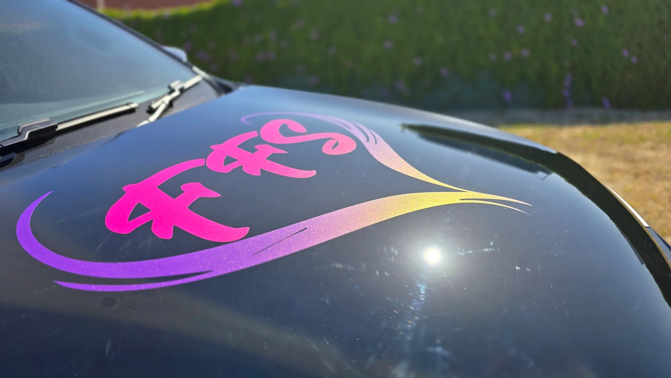 Pink FFS heart logo with purple and gold accents on the black Isuzu MU-X bonnet