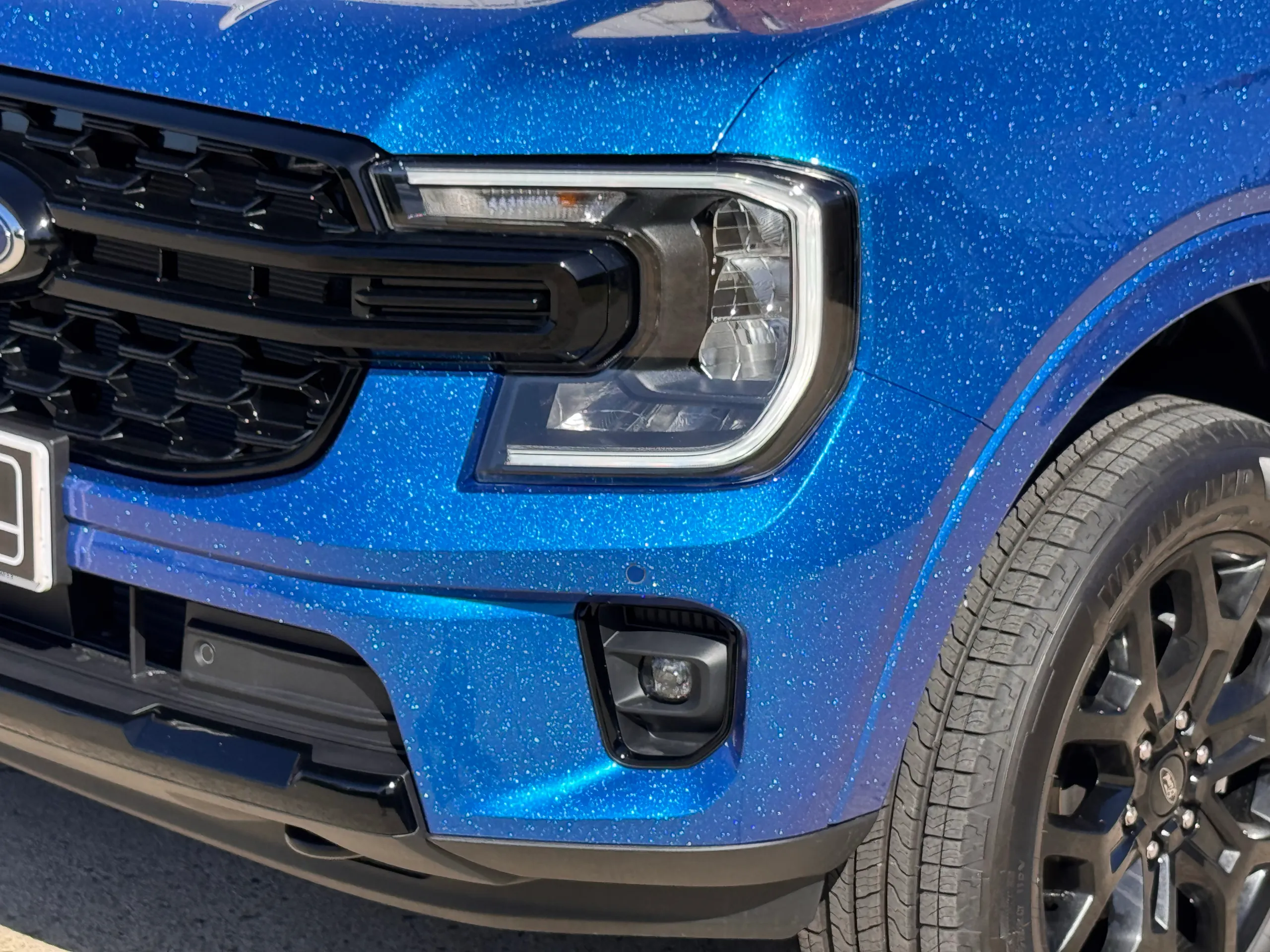 Blue Ford Everest front bumper and headlight beneath a sparkling bonnet