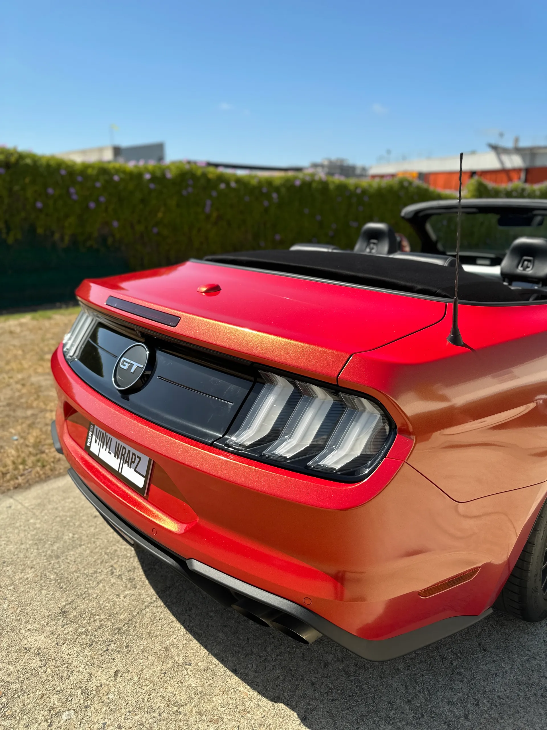 Red and gold colour-shift Ford Mustang convertible, rear detail
