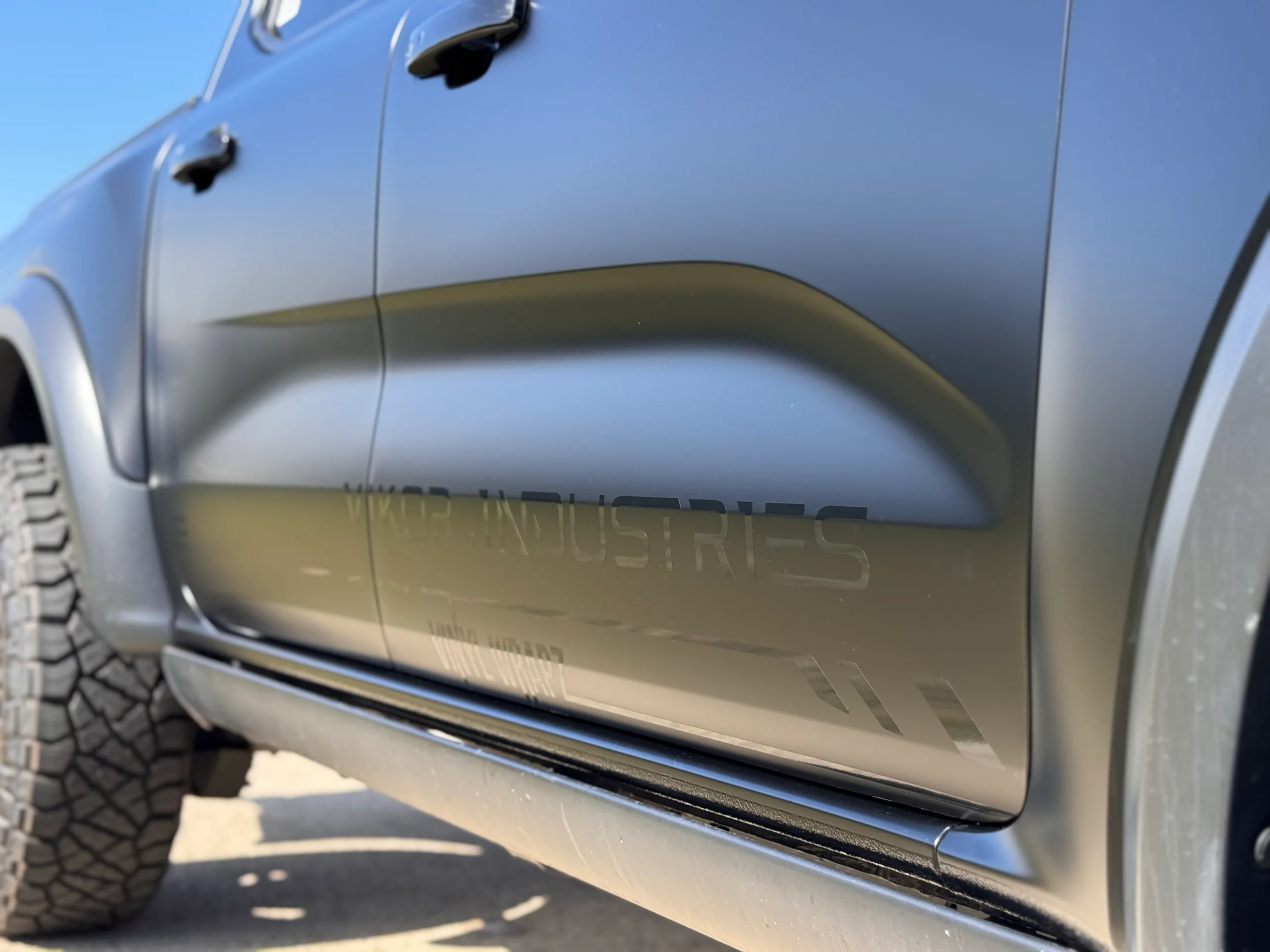 Vikor Industries lettering on the satin grey Ranger Raptor door