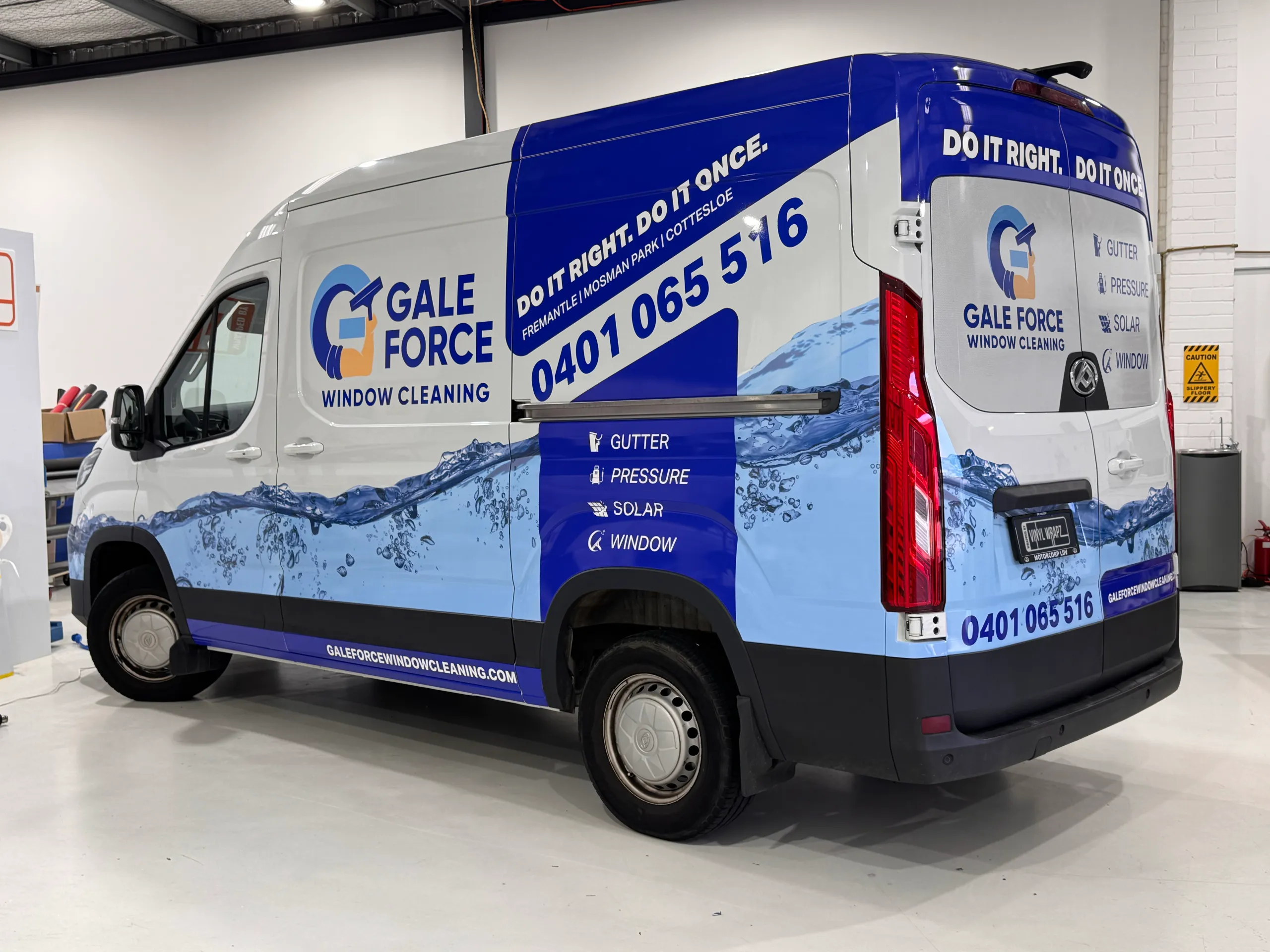 Gale Force Window Cleaning branding and water graphics on an LDV van, viewed from the rear quarter