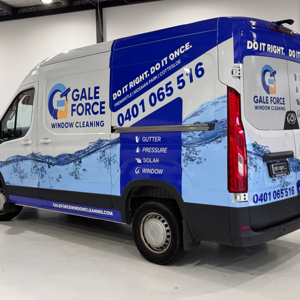 Gale Force Window Cleaning branding and water graphics on an LDV van, viewed from the rear quarter