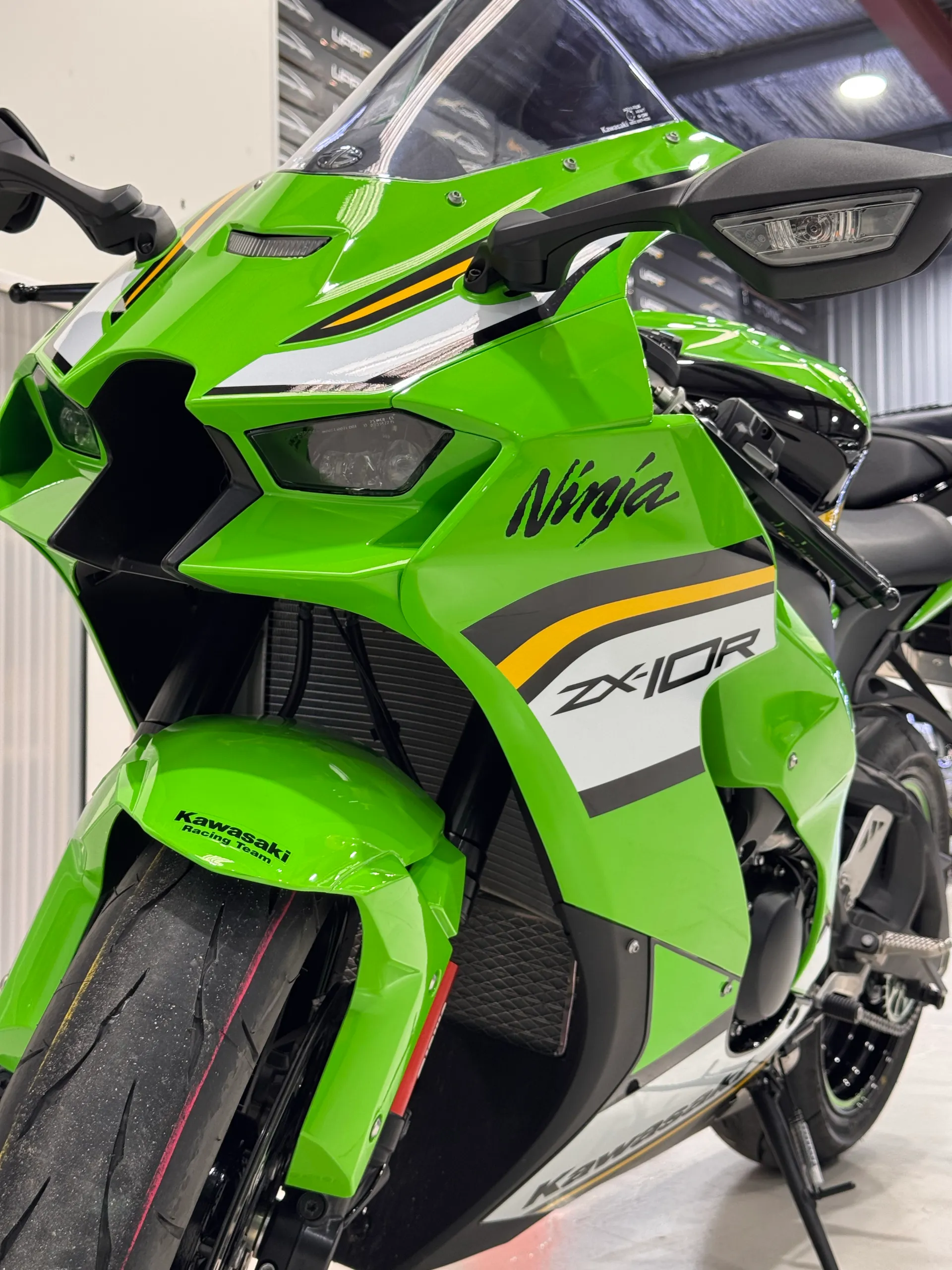 Front view of the Kawasaki Ninja ZX-10R green fairing, headlights and windscreen