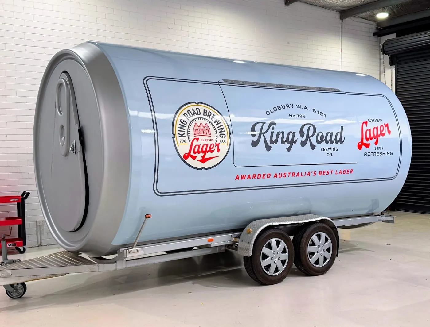 King Road Brewing food trailer wrapped as a giant lager can
