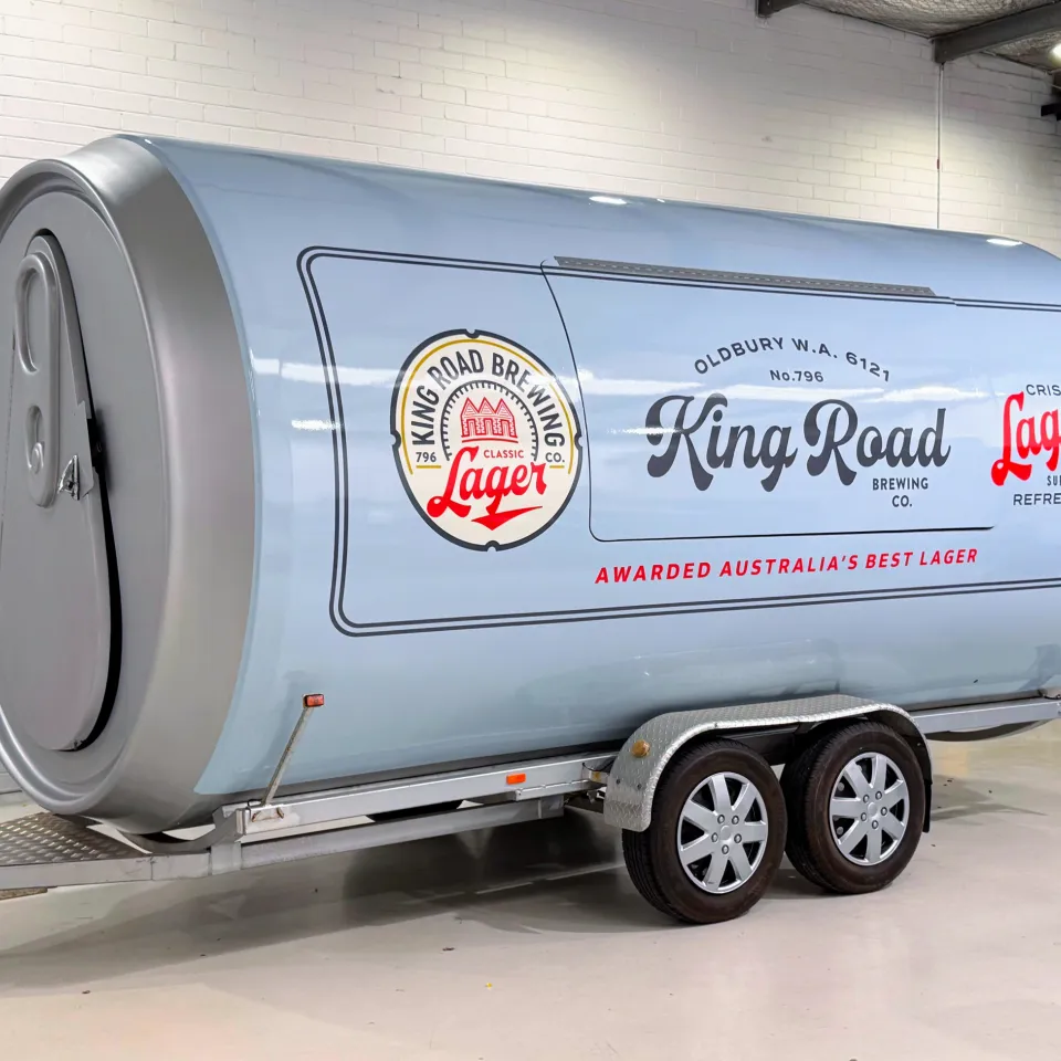 King Road Lager can trailer showing its branded serving hatch and silver can end