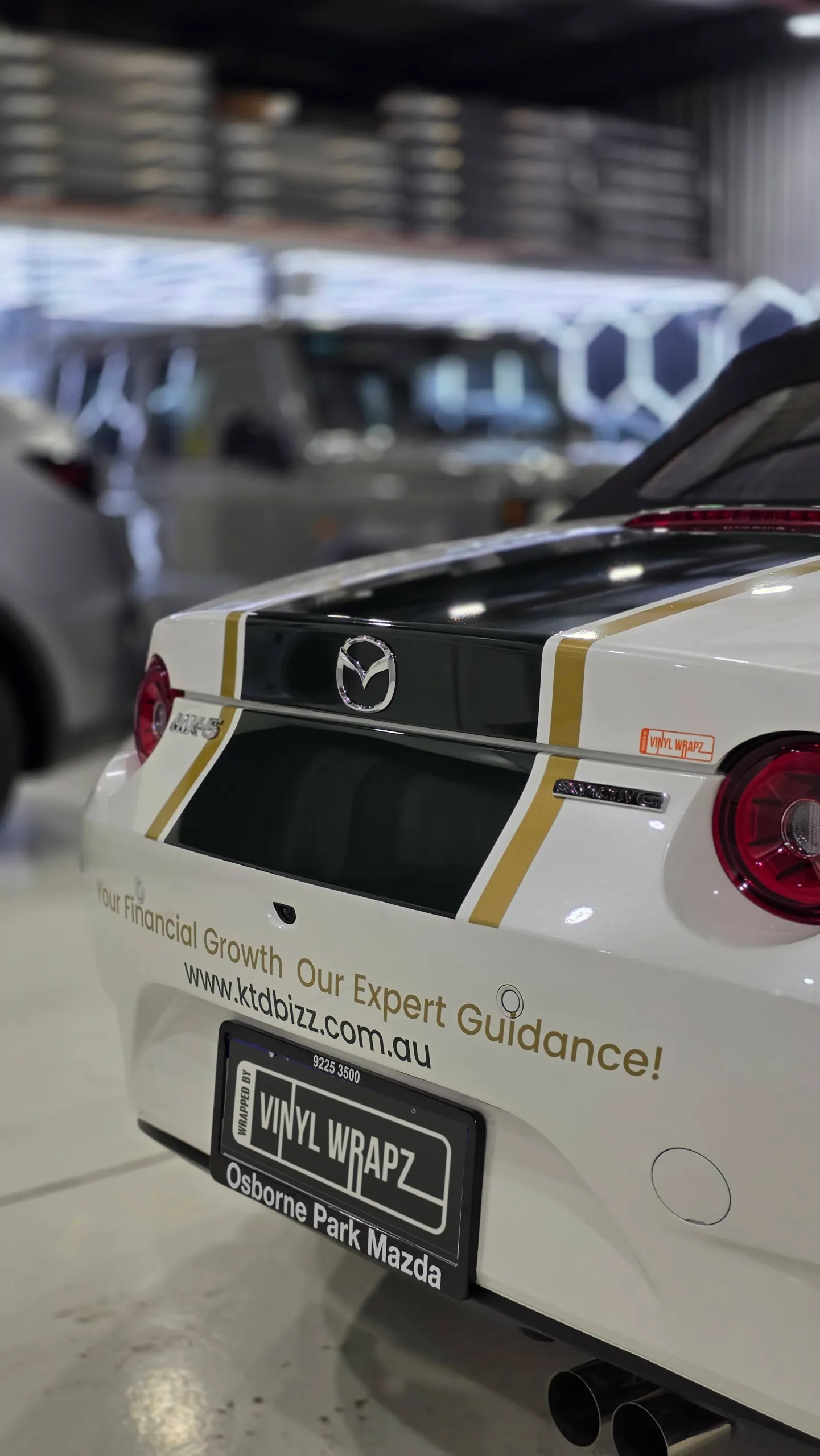KTD rear graphics on the white Mazda MX-5 boot and bumper