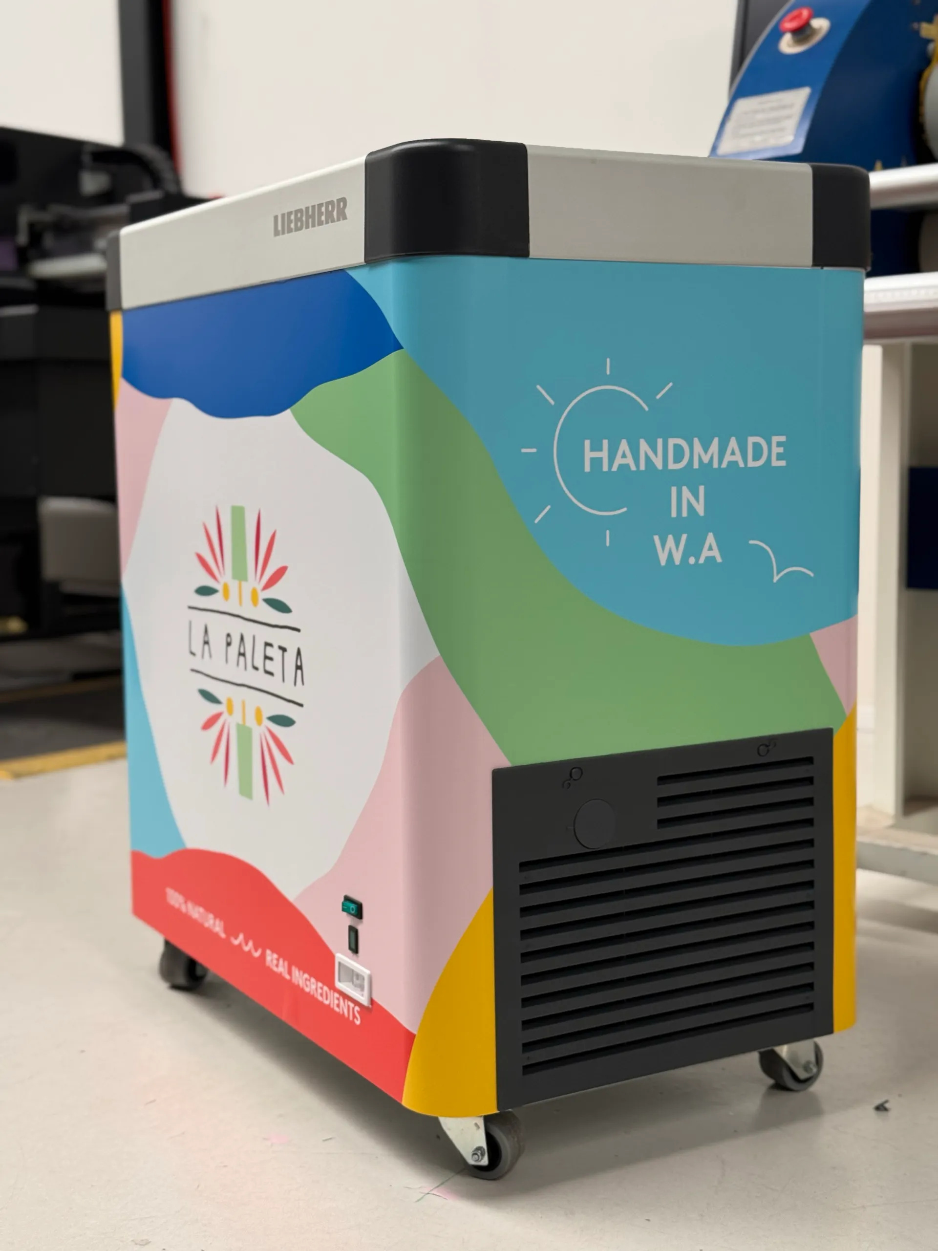 La Paleta freezer with colourful graphics wrapping around the front and side panels