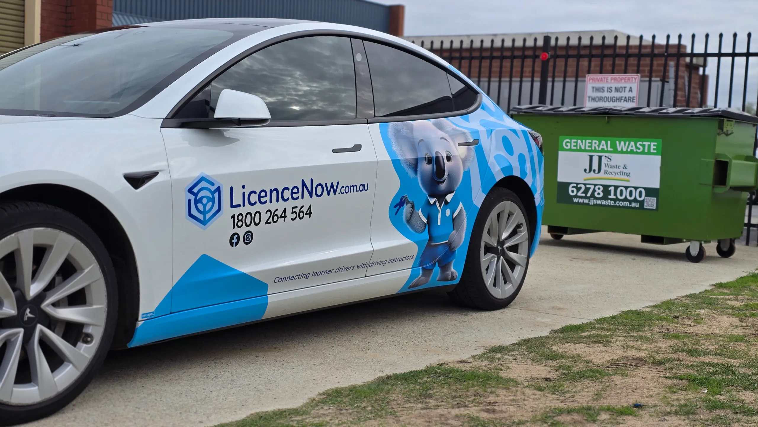 LicenceNow branding and a koala graphic on the doors of a white Tesla Model 3 outside the workshop
