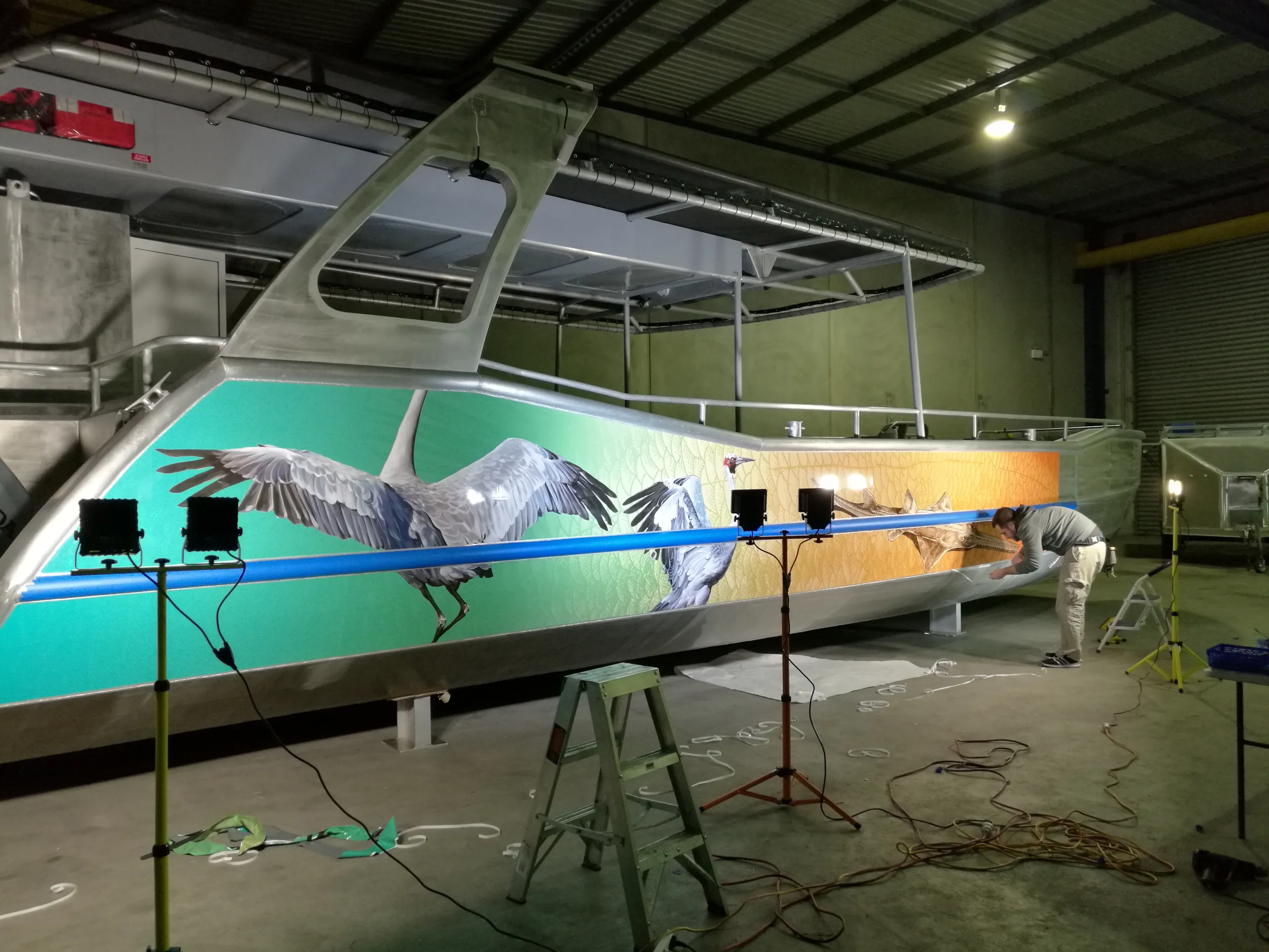 Wildlife graphics being fitted to a boat hull, with a bird on turquoise and a crocodile on orange