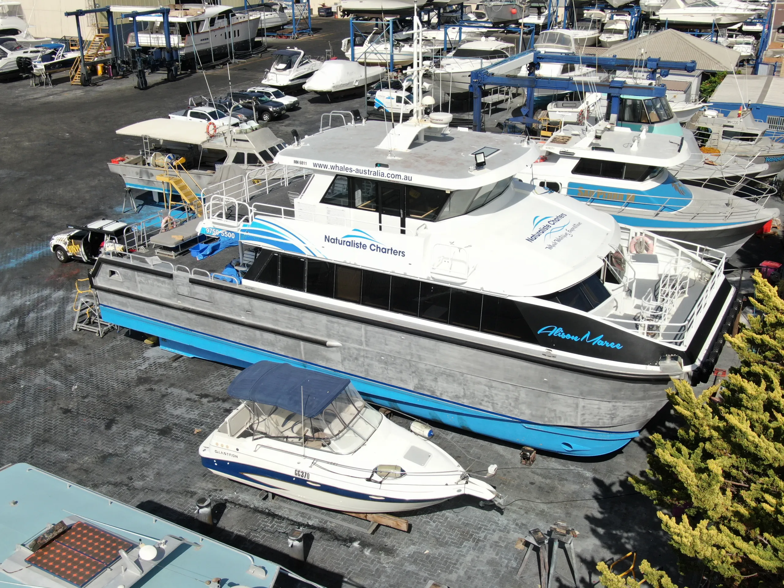 Naturaliste Charters catamaran Alison-Maree viewed from above before its hull graphics were fitted