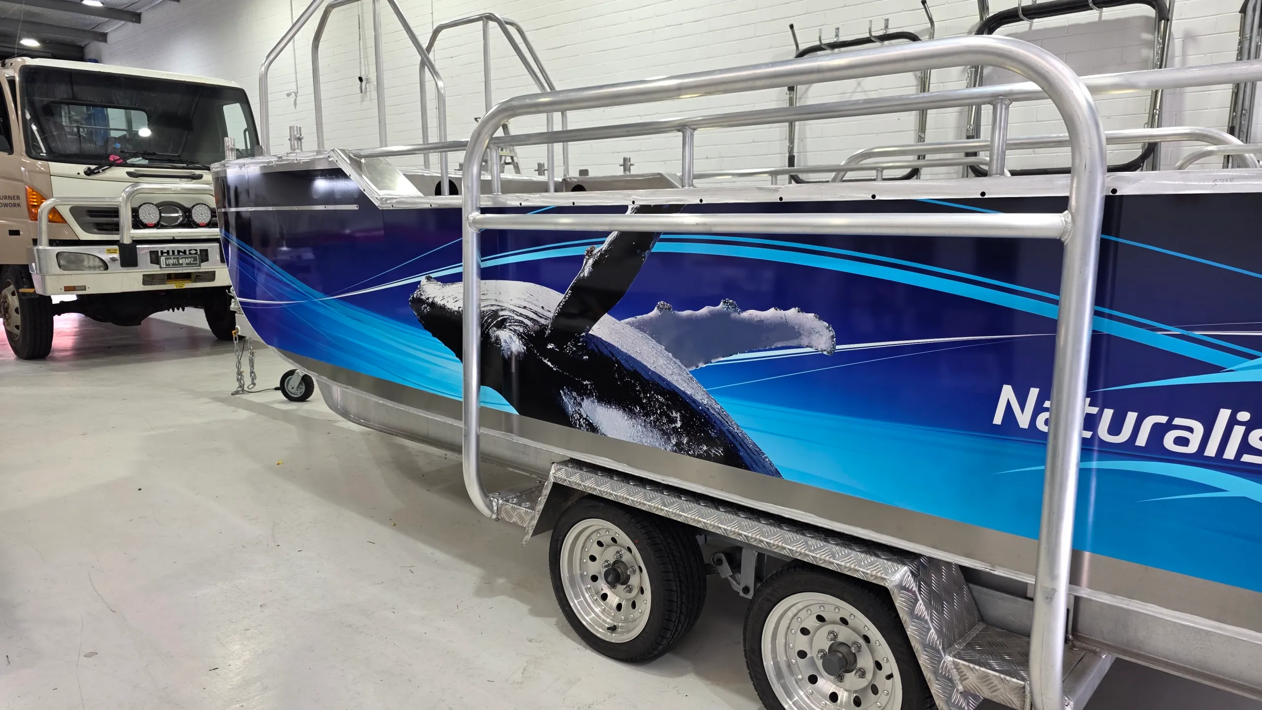 Whale artwork and blue stripes along the Naturaliste Charters tender hull behind its boarding rails