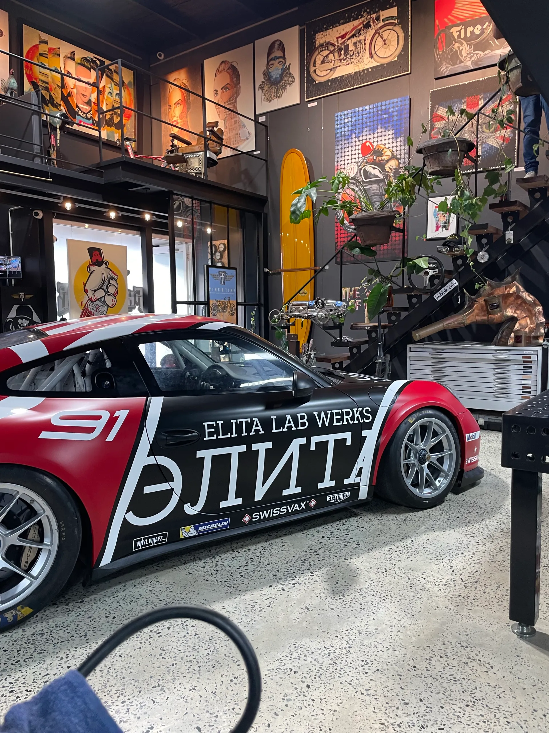 Close side view of the Porsche race graphics
