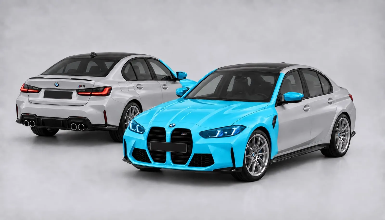 Full Front PPF coverage shown on a BMW M3 sedan: front bumper, bonnet, headlights, front fenders, mirrors and A-pillars highlighted