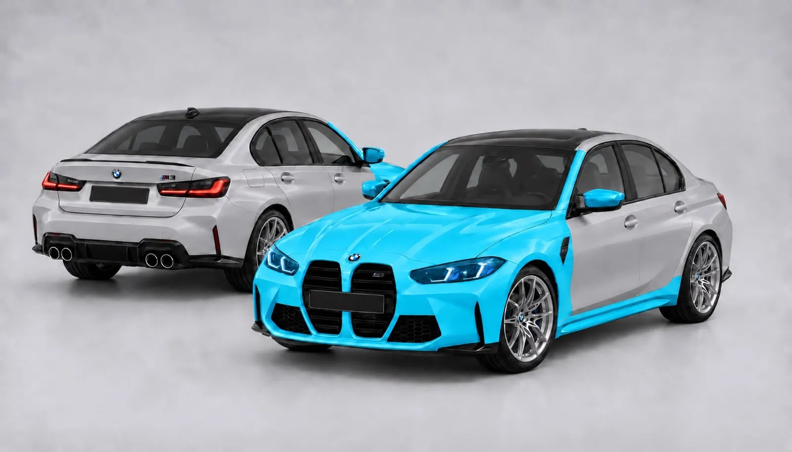 Highway Pack PPF coverage shown on a BMW M3 sedan: the full front plus the rocker panels and the splash guards ahead of the rear wheels highlighted