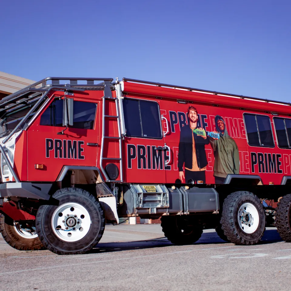 Completed red and white Prime Hydration Oka 6x6 outdoors