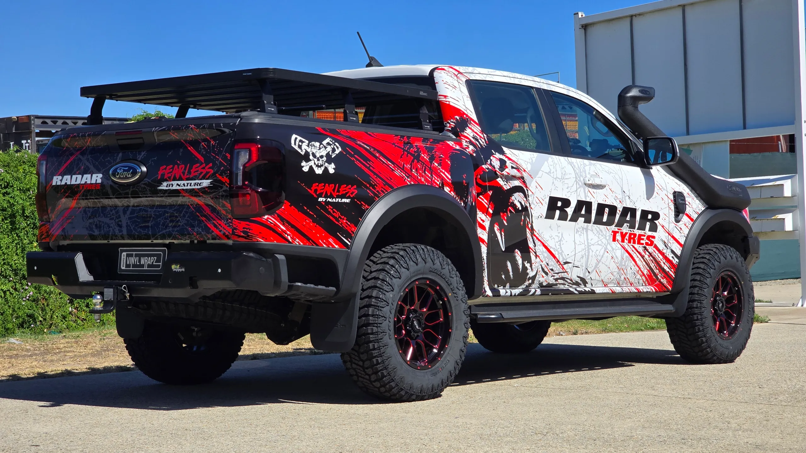 Radar Tyres Ford Ranger rear quarter and tailgate beneath a rack over the tub