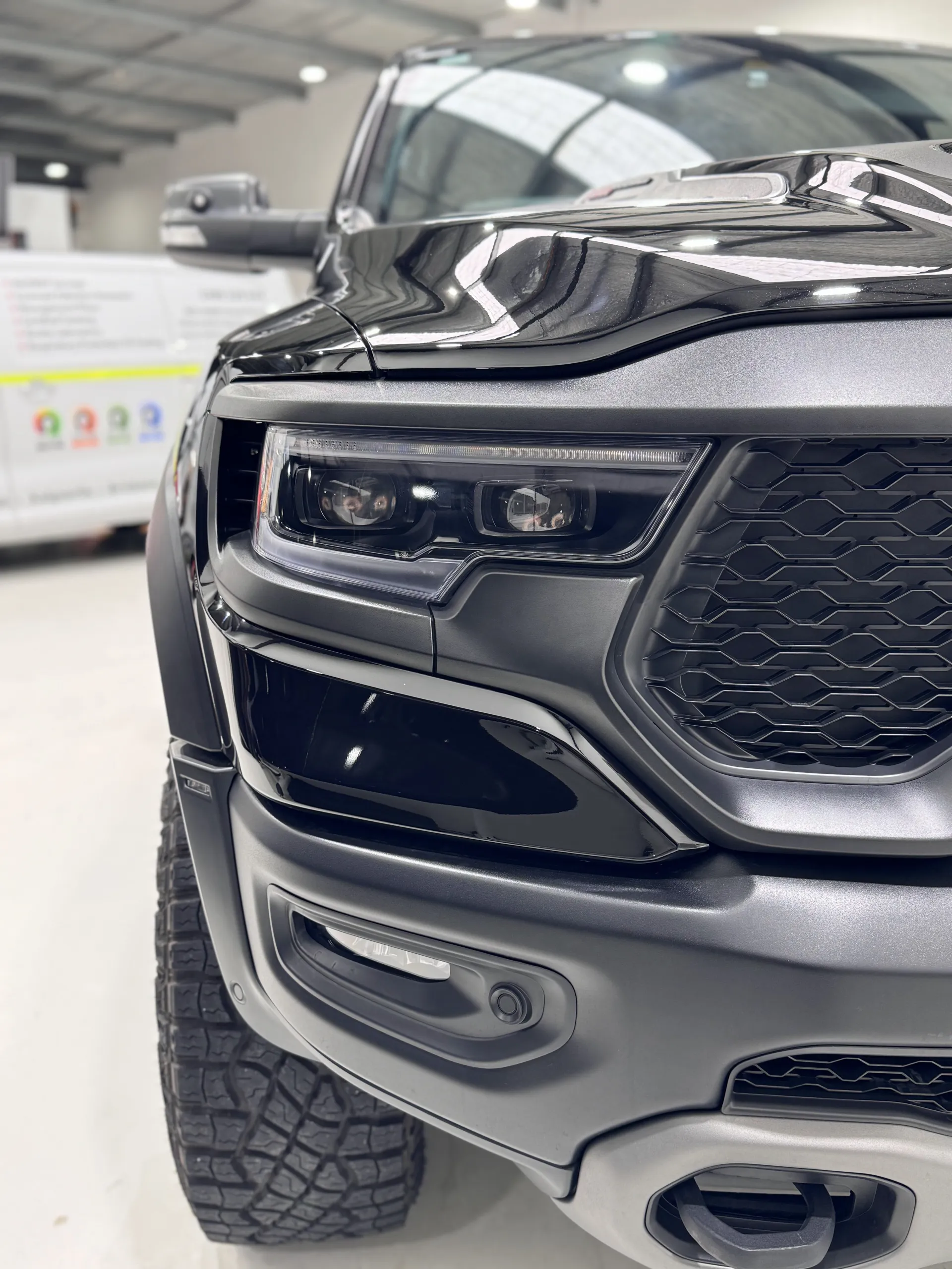 Ram TRX headlight, grille and front bumper in the workshop