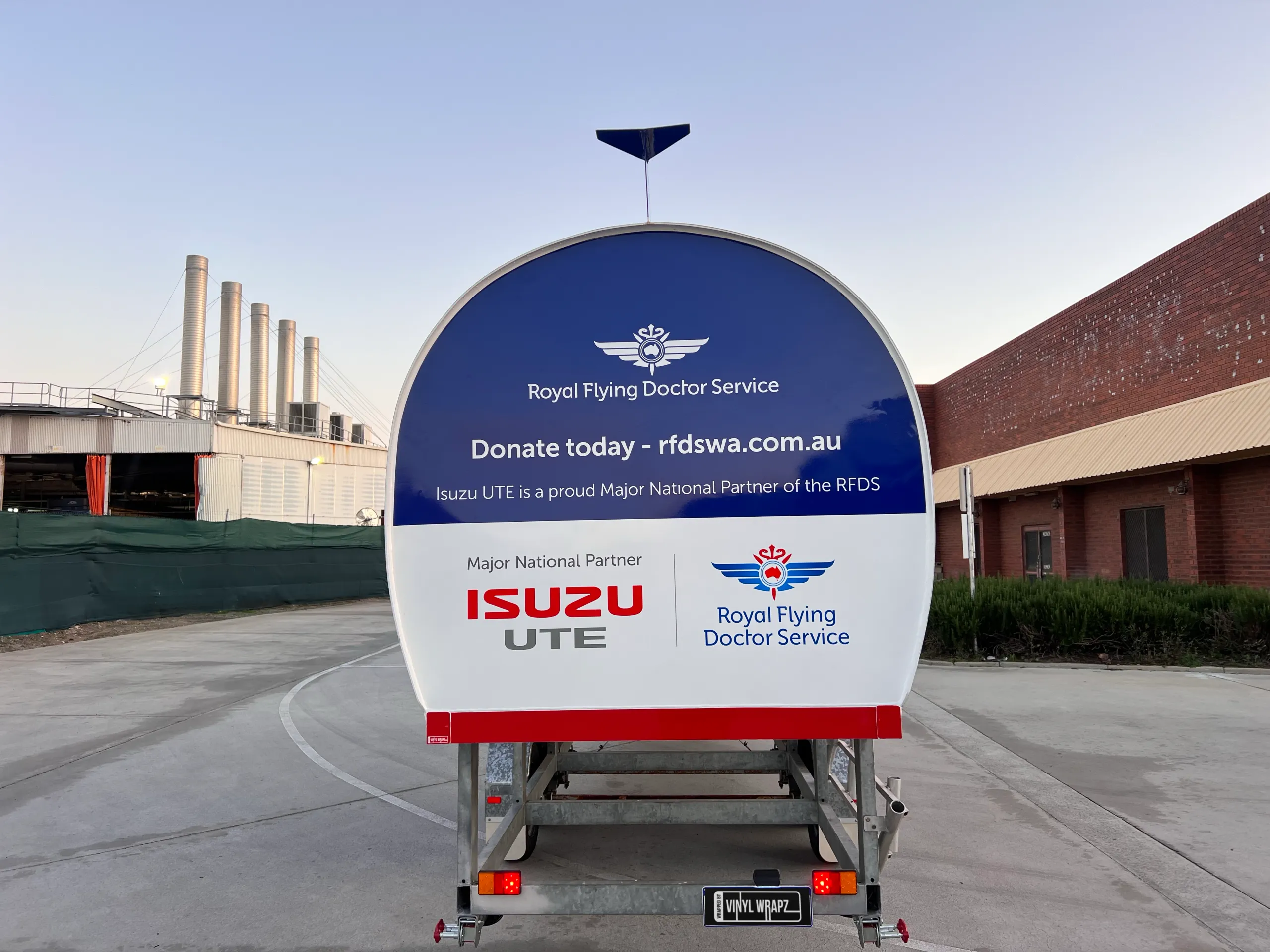 Rear view of the completed RFDS training pod trailer