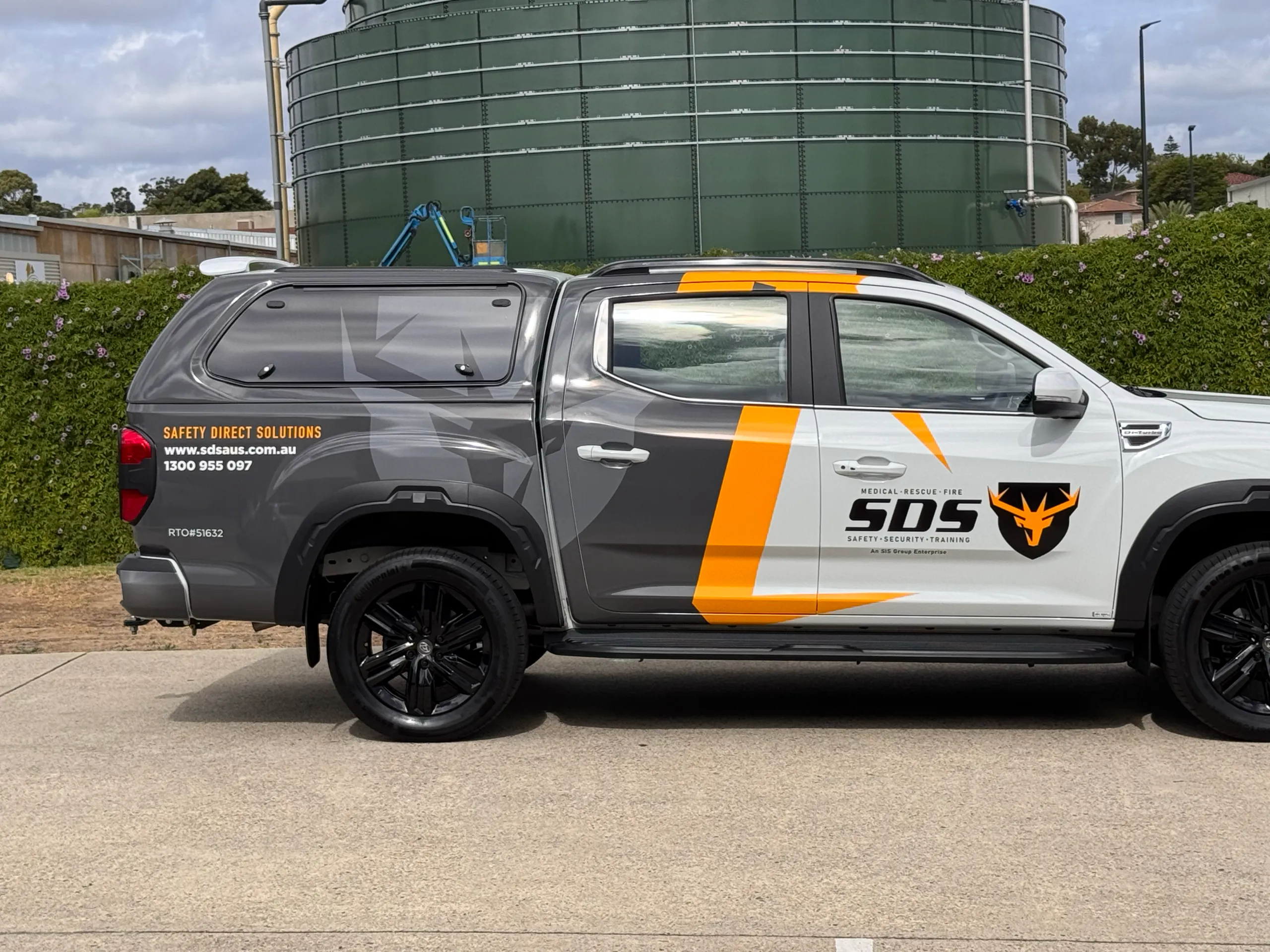 SDS branding and yellow graphics across the LDV ute doors and grey canopy