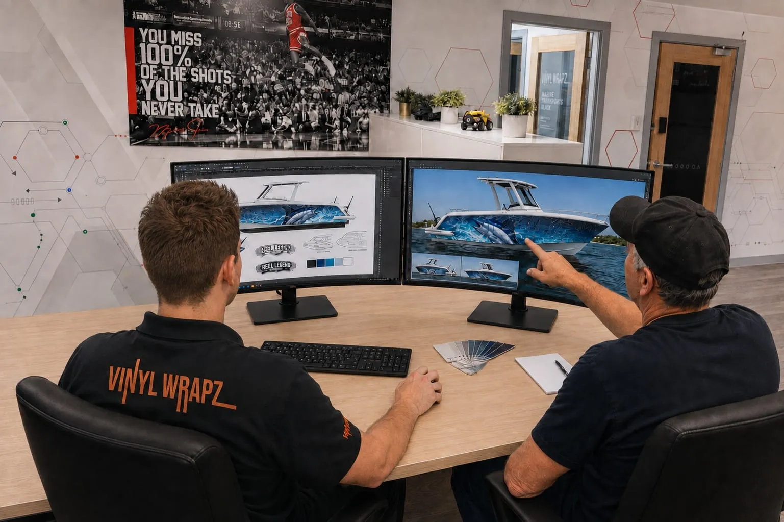 Two Vinyl Wrapz staff at the design desk going through a wrap mock-up on screen with colour swatches on the table