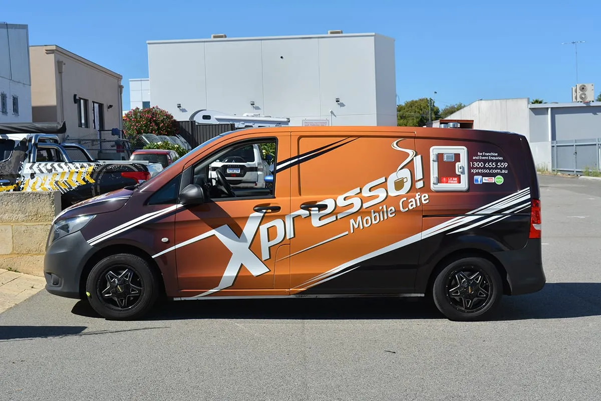 Mercedes Vito coffee van in a full printed wrap designed around its serving window, wrapped by Vinyl Wrapz in Perth