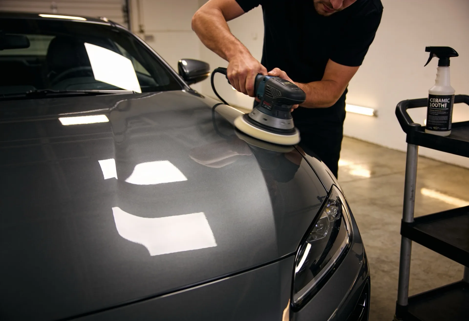 Machine polishing a bonnet before film at Vinyl Wrapz