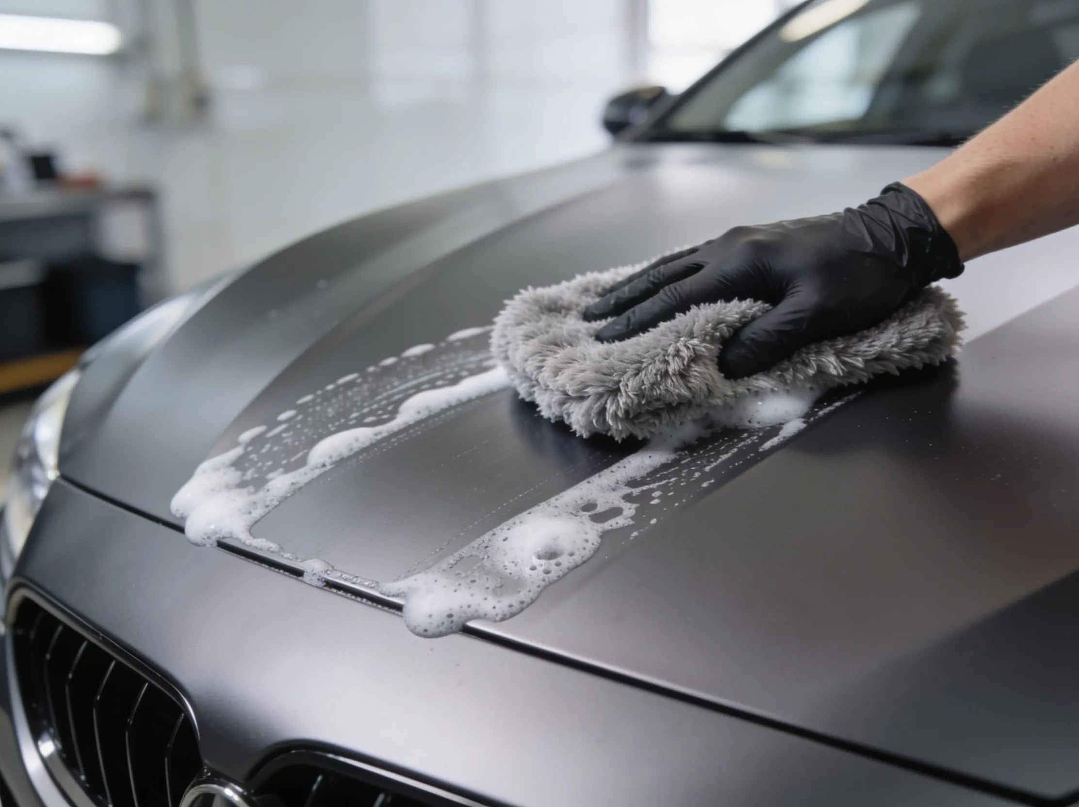 Washing a bonnet with a wash mitt at Vinyl Wrapz