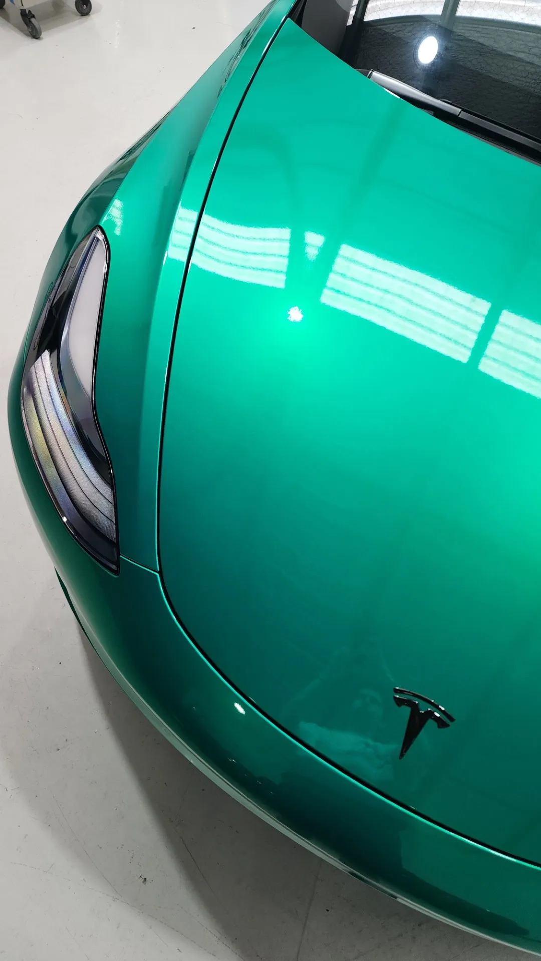 Envious green Tesla Model 3, bonnet detail