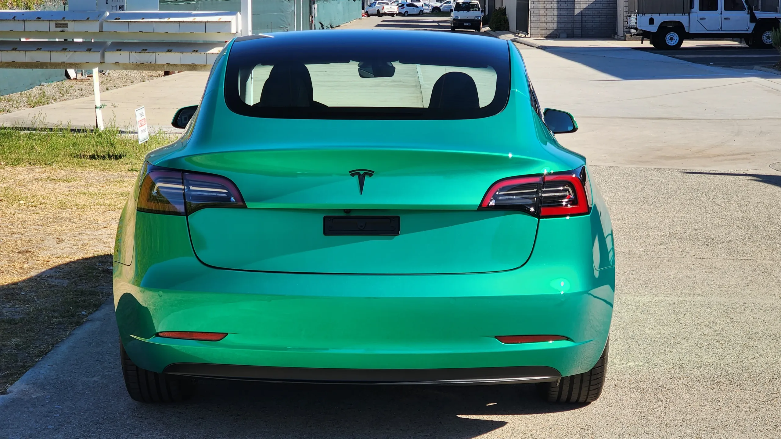 Envious green Tesla Model 3, rear