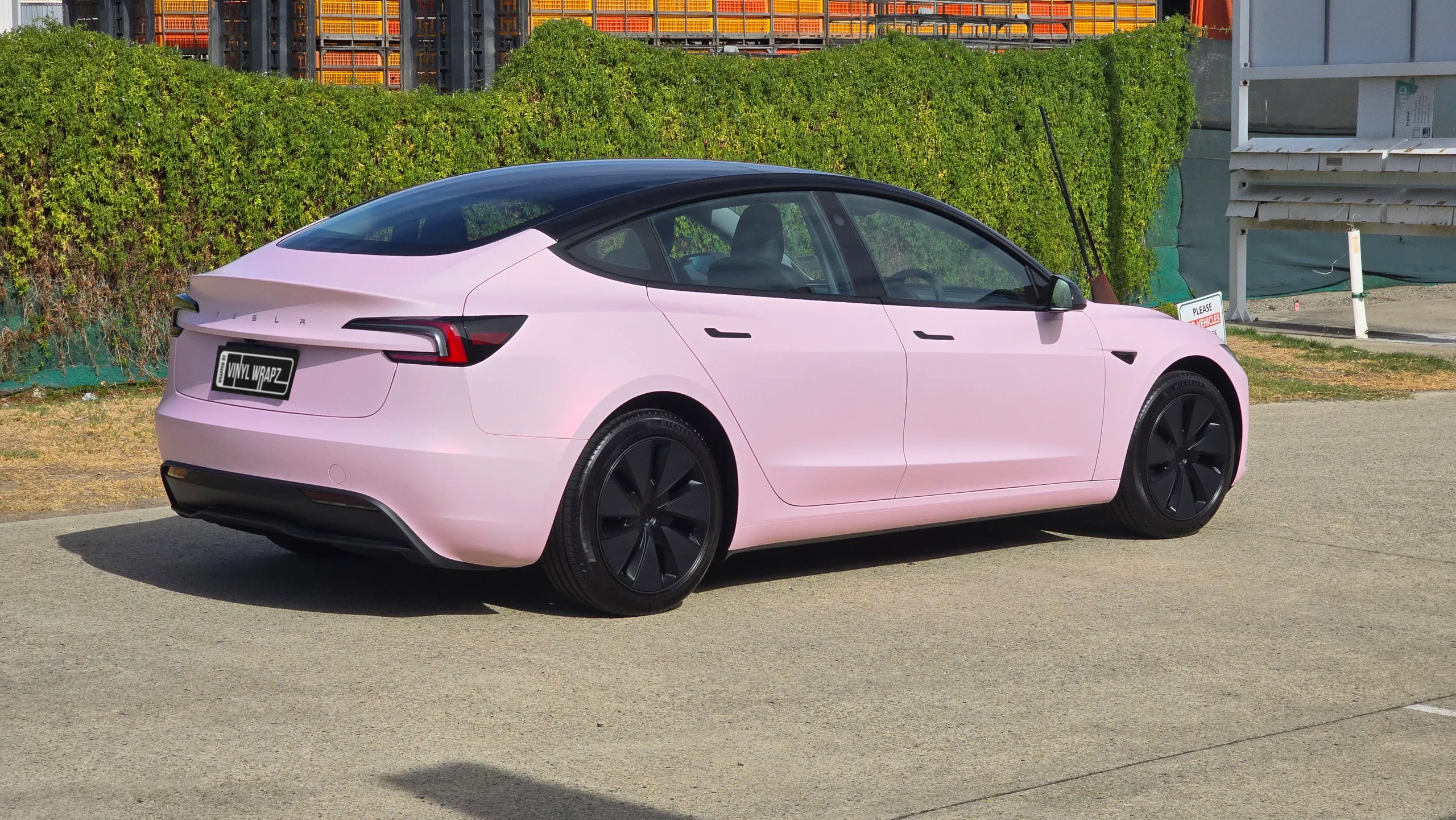 Pale pink satin Tesla Model 3 with black roof and wheels, rear quarter