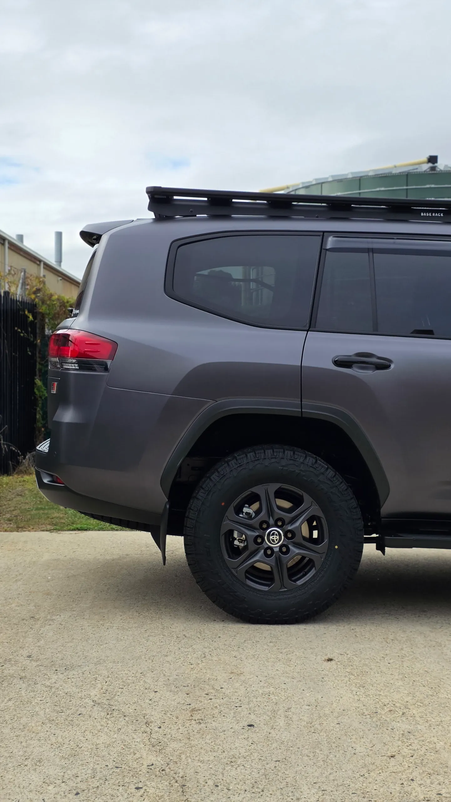 Rear wheel and matte grey rear bodywork on the LandCruiser 300