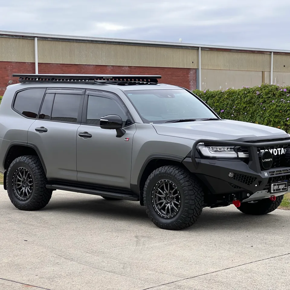 Matte slate grey Toyota LandCruiser 300 Series GR Sport, front quarter