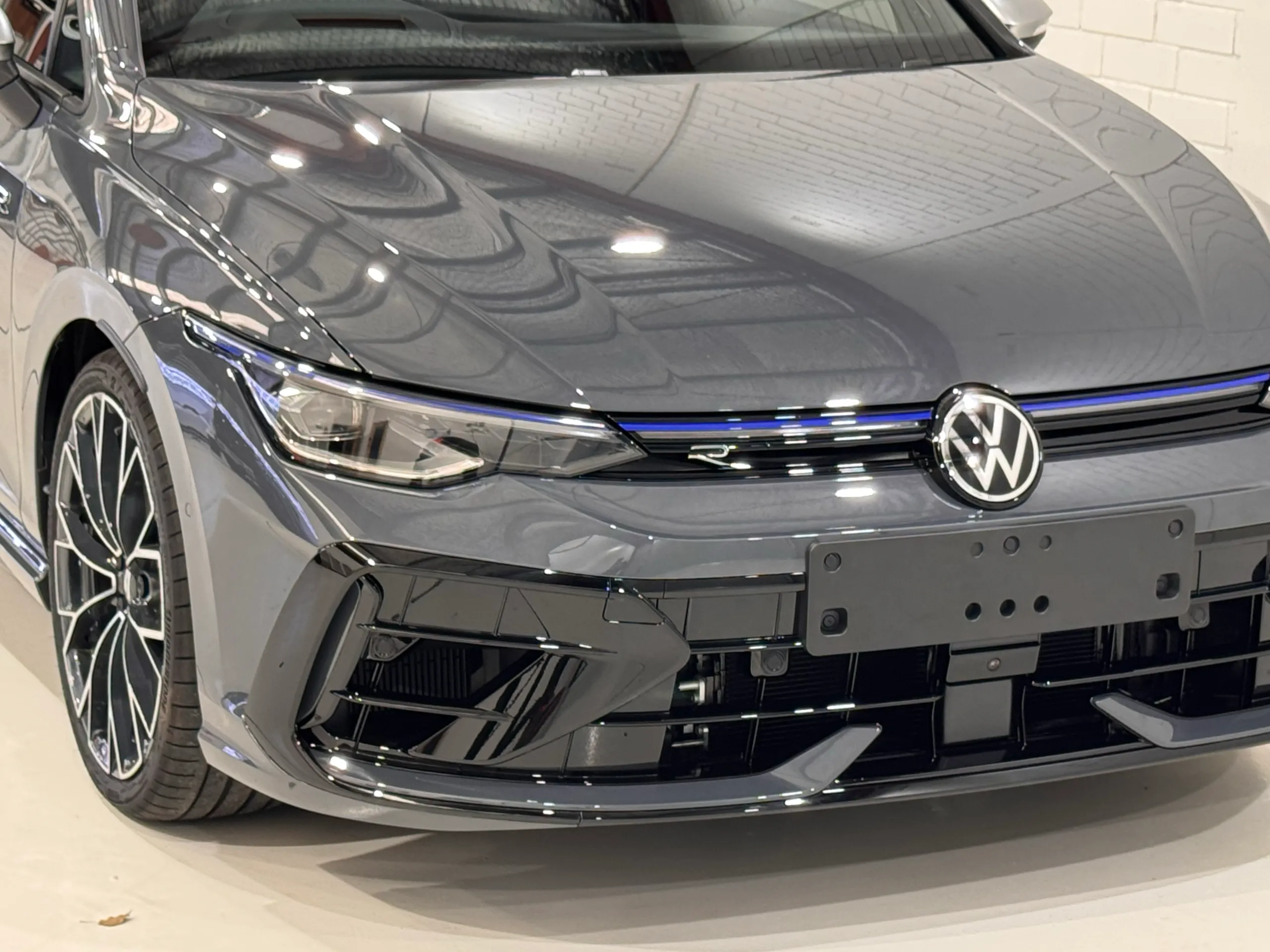 Grey Volkswagen Golf R bonnet, badge and front bumper from above