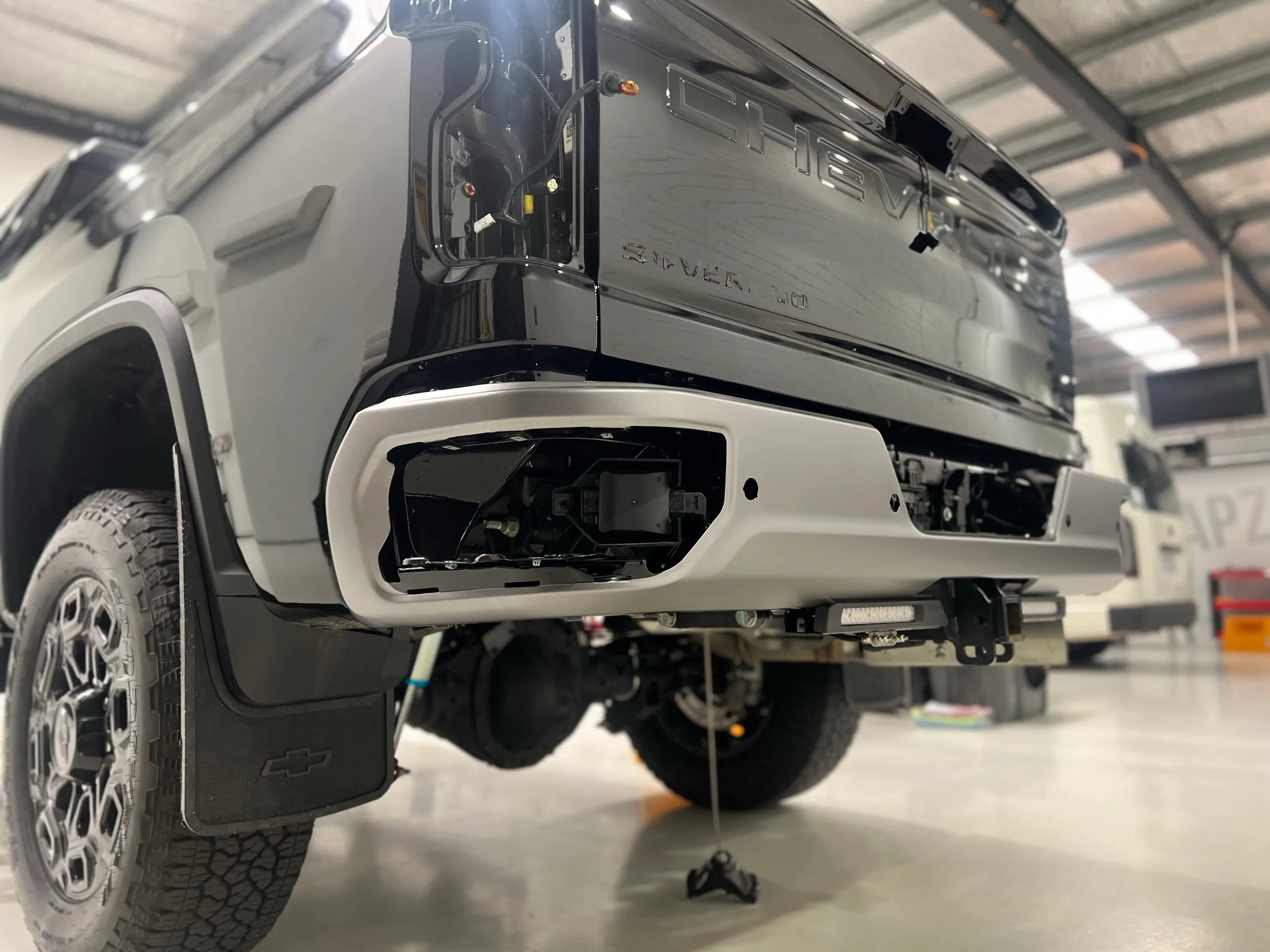 Chevrolet Silverado rear dismantled before colour-change wrapping